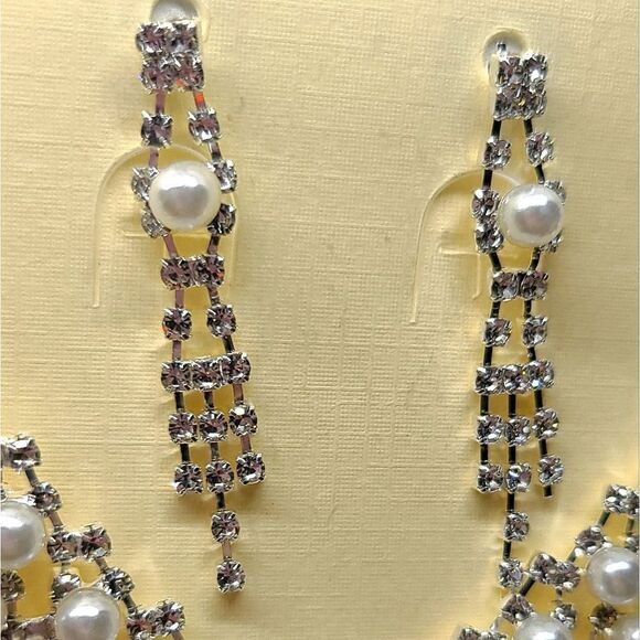 Fancy Rhinestone Pearl Jewelry Set Dangle Earrings Classic Wedding Bridal Bride - Picture 9 of 11